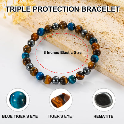 Gnamy Triple Protection Beaded Bracelet Gifts for Men, Bule Tiger Eye Hematite Bracelets Christmas Birthday Valentines Anniversary Healing Sobriety Jewelry Gifts for Husband Dad Boyfriend Brother Him