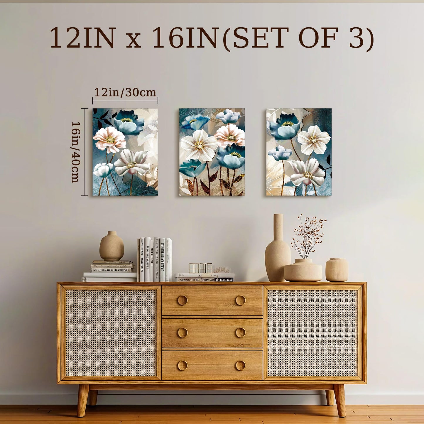 SERIMINO 3 Piece Lotus Flower Canvas Wall Art for Living Room, Blue Floral Picture Wall Decor for Dining Room Bedroom, Art Print Painting for Home Decorations 12"X16"
