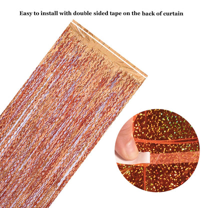 4 Pack 3.3x6.6ft Wavy Orange Foil Fringe Backdrop Curtains -Tinsel Streamers Metallic Foil Fringe Backdrop Door for Halloween, Graduation,Baby Shower,Gender Reveal