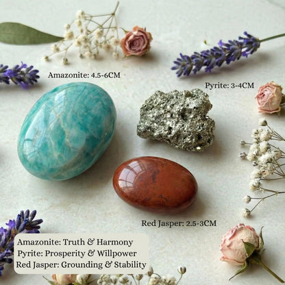 Atminafays Abundance Healing Crystal Set for Success & Good Luck -Large Amazonite,Raw Pyrite, Red Jasper for Yuga & Meditation, Travel Protection, Gift Set with Guidebook & Velvet Pouch