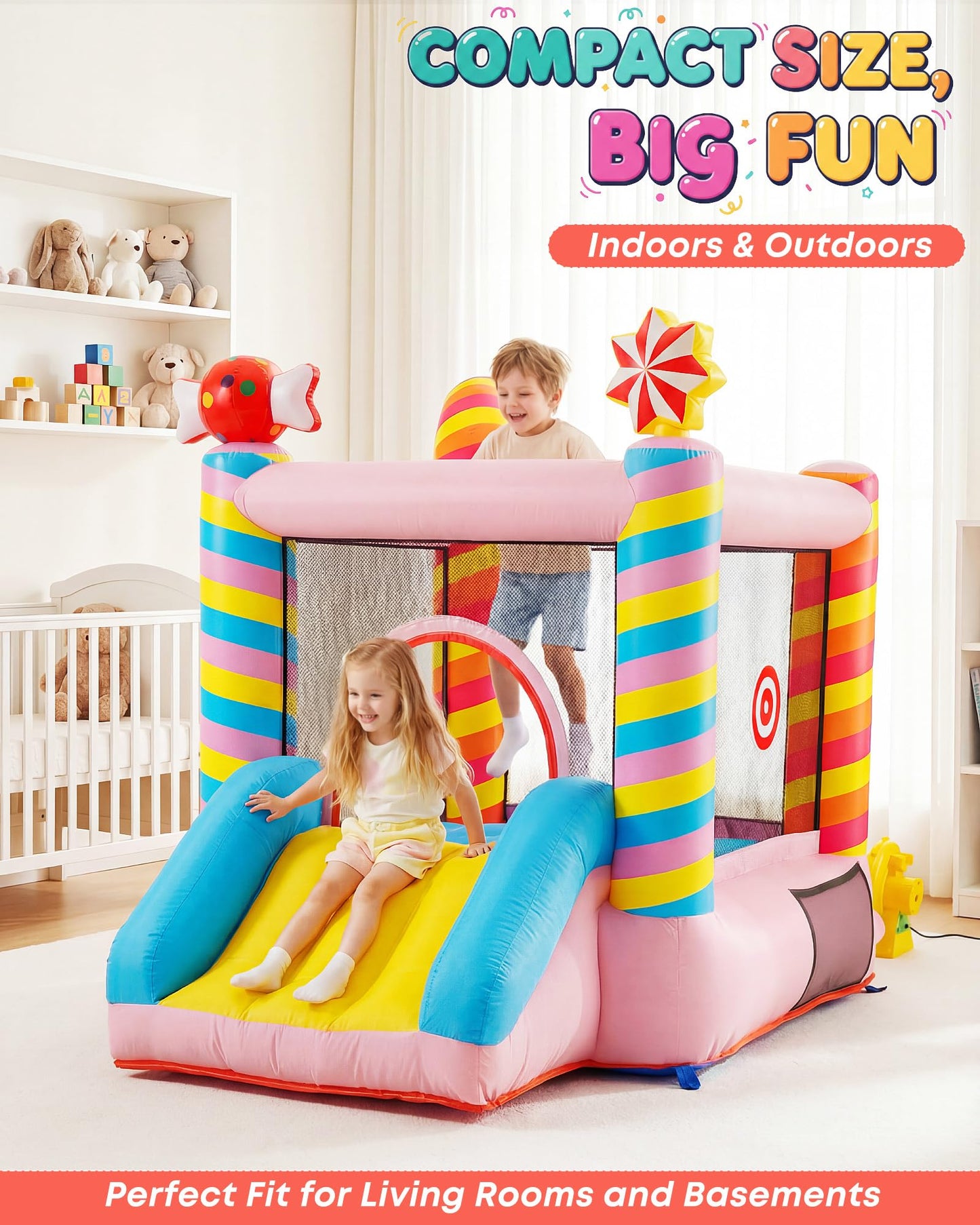 Candy Bounce House for Kids Ages 3-6, Sweet Inflatable Bouncy Castle with Slide, Indoor Outdoor Small Jumping House with Blower, Mini Toddler Bounce Castle for Birthday Gifts and Holidays