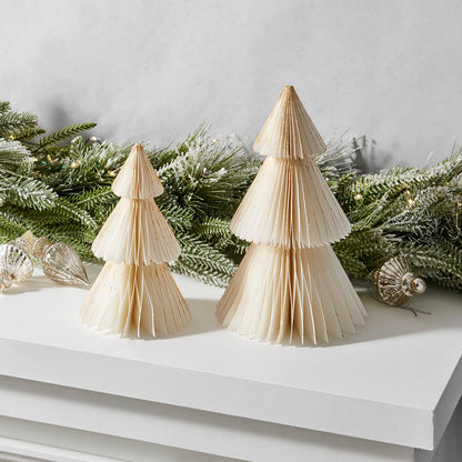 LampLust Paper Christmas Tree Decor, 2 Pack Honeycomb Paper Trees, 6 & 8 Inch, White & Gold Glitter Edge, Holiday Table Centerpieces, Christmas Table Decor, Winter Decorations