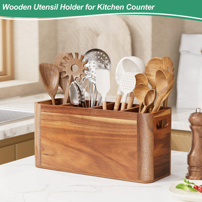 ZUJJAFY Utensil Holder, Extra Large Kitchen Utensil Holder for Counter with 4 Compartments, Wooden Kitchen Utensils Organizer for Countertop Cooking Spatula Storage, Acacia Wood