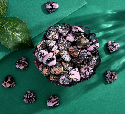 20 PCS Rhodochrosite Natural Heart Healing Crystals Cute Polished Crystal Black Line Rhodolite Stones Palm Love Heart Pocket Set Reiki Energy Balancing Meditation Valentine's Day Gift Women
