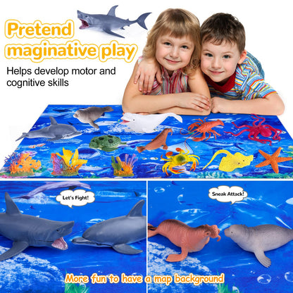 GINMIC Kids Ocean Animals Toys with Large Play Mat , 18 Pack Assorted Realistic Sea Animal Toys with Carrier Bag Including Shark, Whale, Dolphin etc, for Toddler, Boys & Girls Ages 3-8