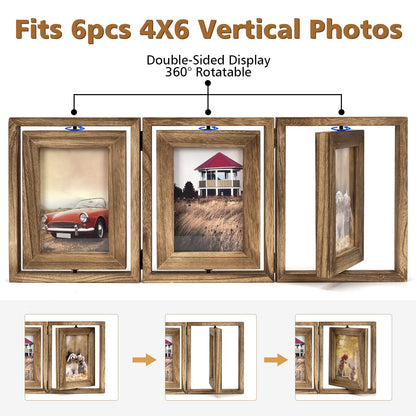 Emfogo 4x6 Picture Frame Rustic Wood Hinged Folding Triple Picture Frames Collage, Double-Sided Display Rotatable High Definition Glass Photo Frame for Home TableTop(Carbonized Black)
