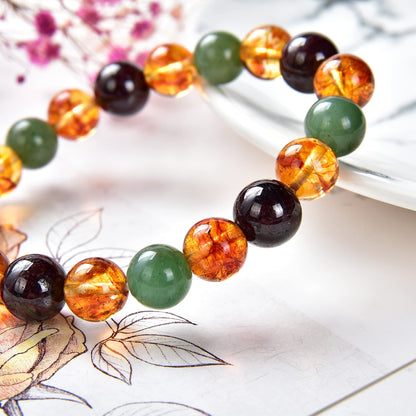 Crystal Agate Triple Stone Money Bracelet - Beaded Stretch Bracelet with Citrine, Red Garnet & Green Aventurine - Meditation, Motivational & Spiritual Gift for Men and Women - 10mm Beads