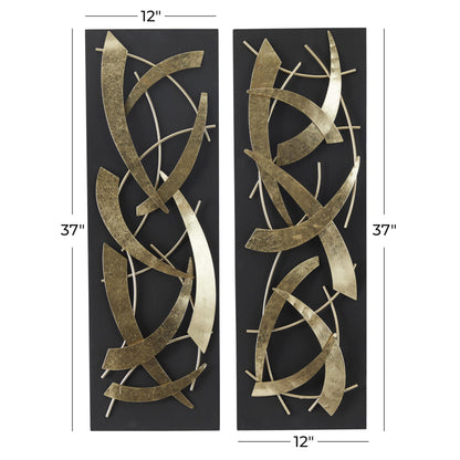 Deco 79 Metal Abstract Home Wall Decor Dimensional Wall Sculpture with Black Wood Backing, Set of 2 Wall Art 12"W, 36"H, Gold