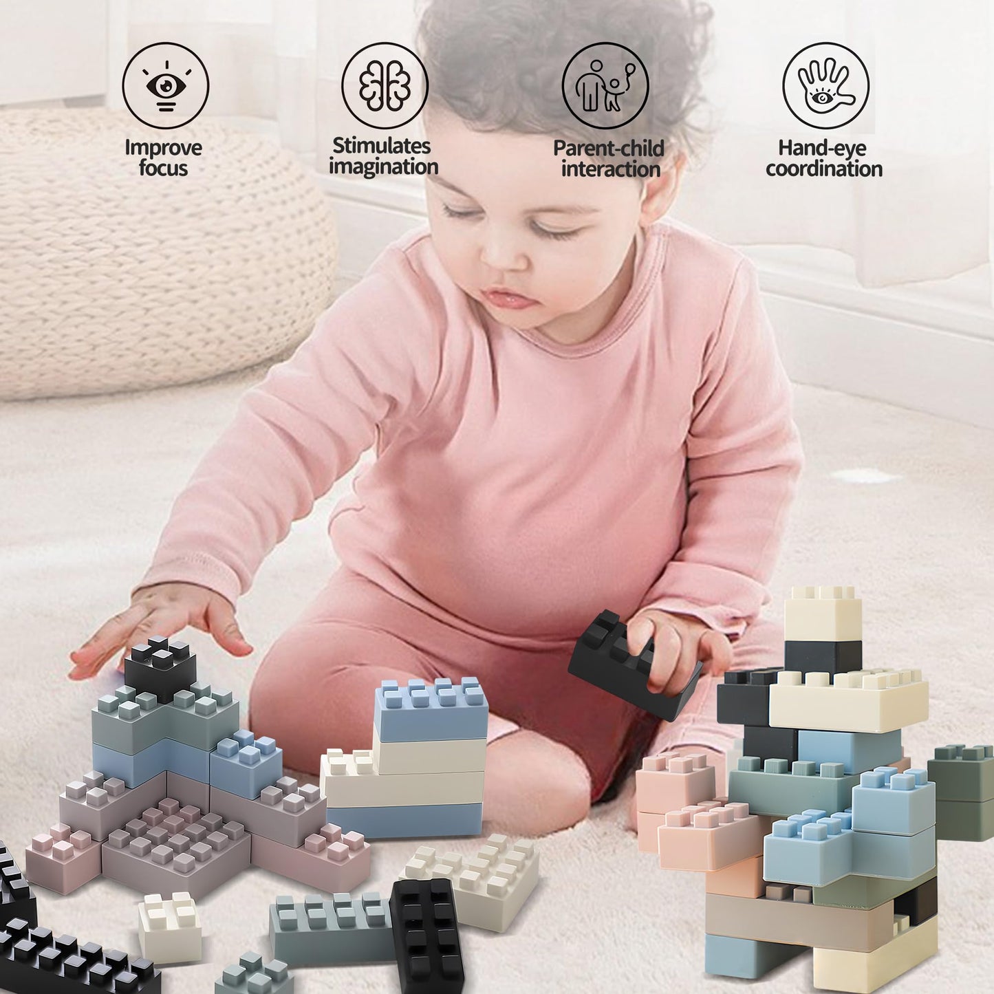 Silicone Blocks 24PCS + Sensory Balls for Toddlers 1-3, Soft Montessori Baby Blocks, Large Sensory Stacking Toys for Preschool Learning, Baby Rattle Ball Teething Set, Infant Sensory Toys 6-12 Months
