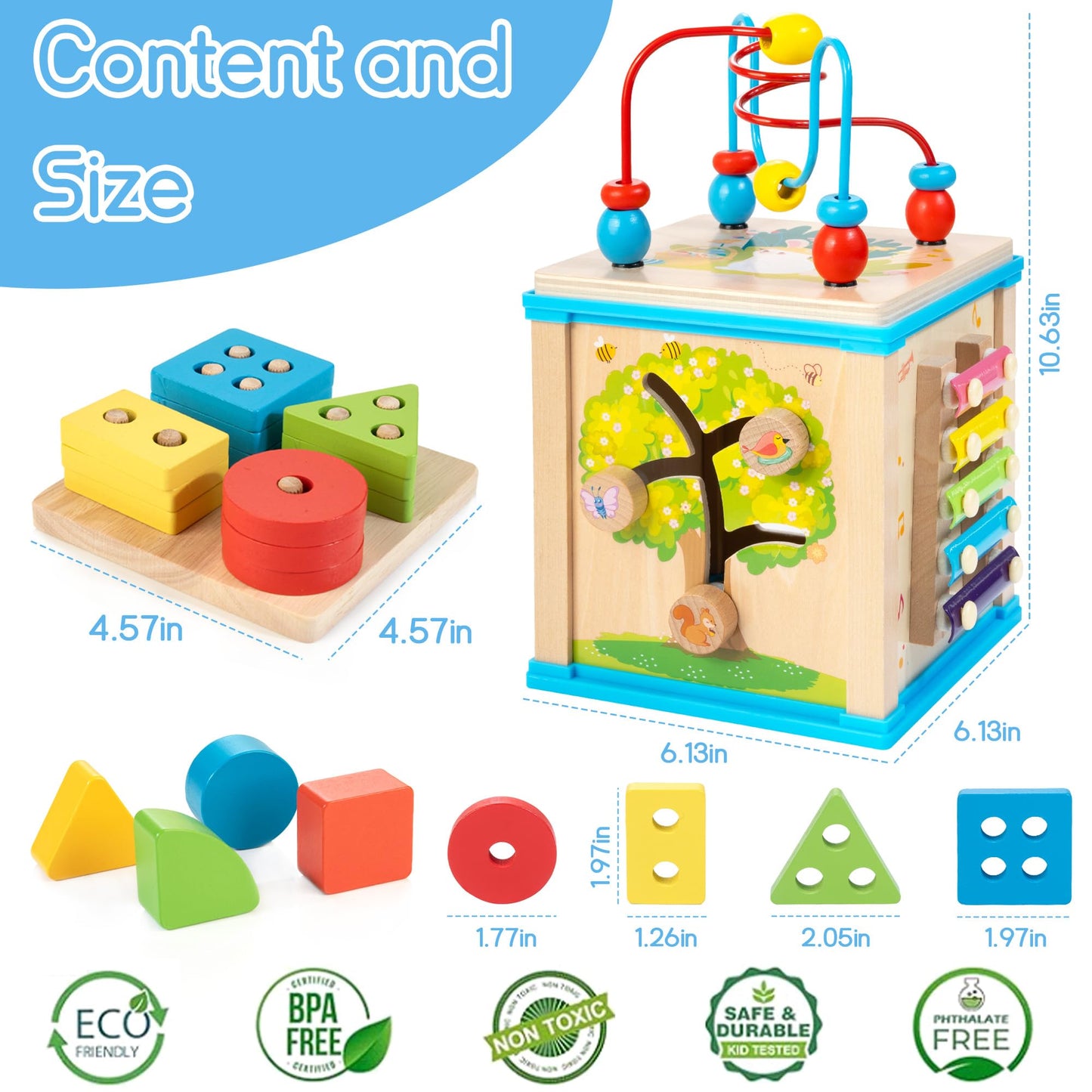 WOODMAM Wooden 7-in-1 Activity Cube, Montessori Toys for 1 Year Old Toddlers, Baby Educational Developmental Toys, One Year Old Boys Girls First Birthday Gifts with Bonus Sorting & Stacking Board