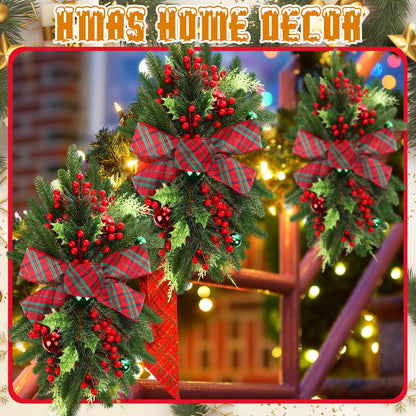 Lyrow 4 Pcs Christmas Artificial Swags 24" Xmas Stairway Swag Teardrop Trim Red Green Grid Christmas Staircase Decoration Garland for Indoor Outdoor Railing Decor(Red Green)