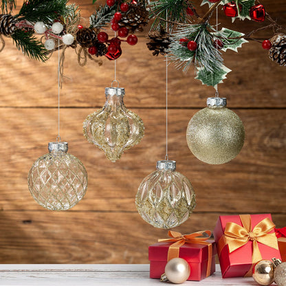 3.15" Clear and Champagne Christmas Ball Ornaments Set, 16 Pcs Luxury Hand-Painted Xmas Tree Decoration, Large Shatterproof Rustic Farmhouse Balls for Party Holiday Wreath Garland Home Decor