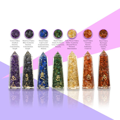 Orgonite 7 Chakra Healing Crystal Wand Set – Includes Amethyst, Lapis Lazuli, Sodalite,Peach Aventurine, Golden Quartz, Green Aventruine, Red Jasper (Chakra Sanskrit)