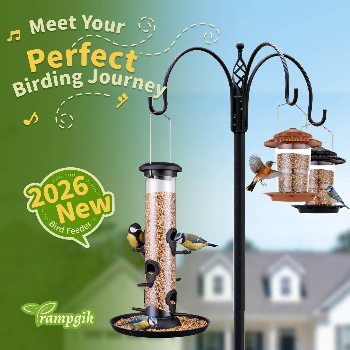 Trampgik Bird Feeders for Outdoors Seed Catcher,6 Port Wild Bird Feeders with Tray,Bird Feeders for Outside Hanging for Cardinal 13 Inch,Black,Pack of 2