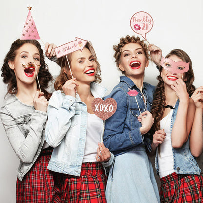 Rose Gold 21st Birthday Party Photo Booth Props Kit with Sticks for Girls Women - Selfie Props, Signs, Decorations & Favors