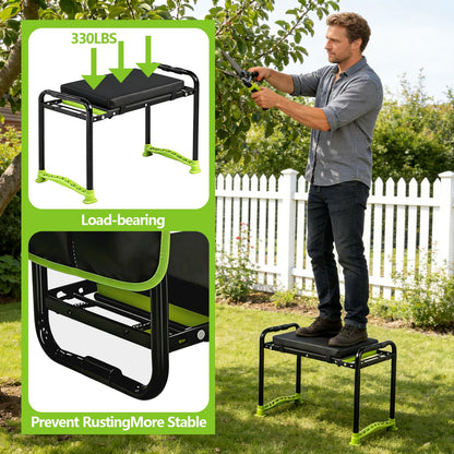 Garden Kneeler and Seat, Heavy Duty Gardening Stool with 1.8" Thick Detachable Kneeling Pad, Foldable Bench Chair with Tool Pouch and Bag for Knee & Back Pain Relief for Women, Men, Seniors (Green)