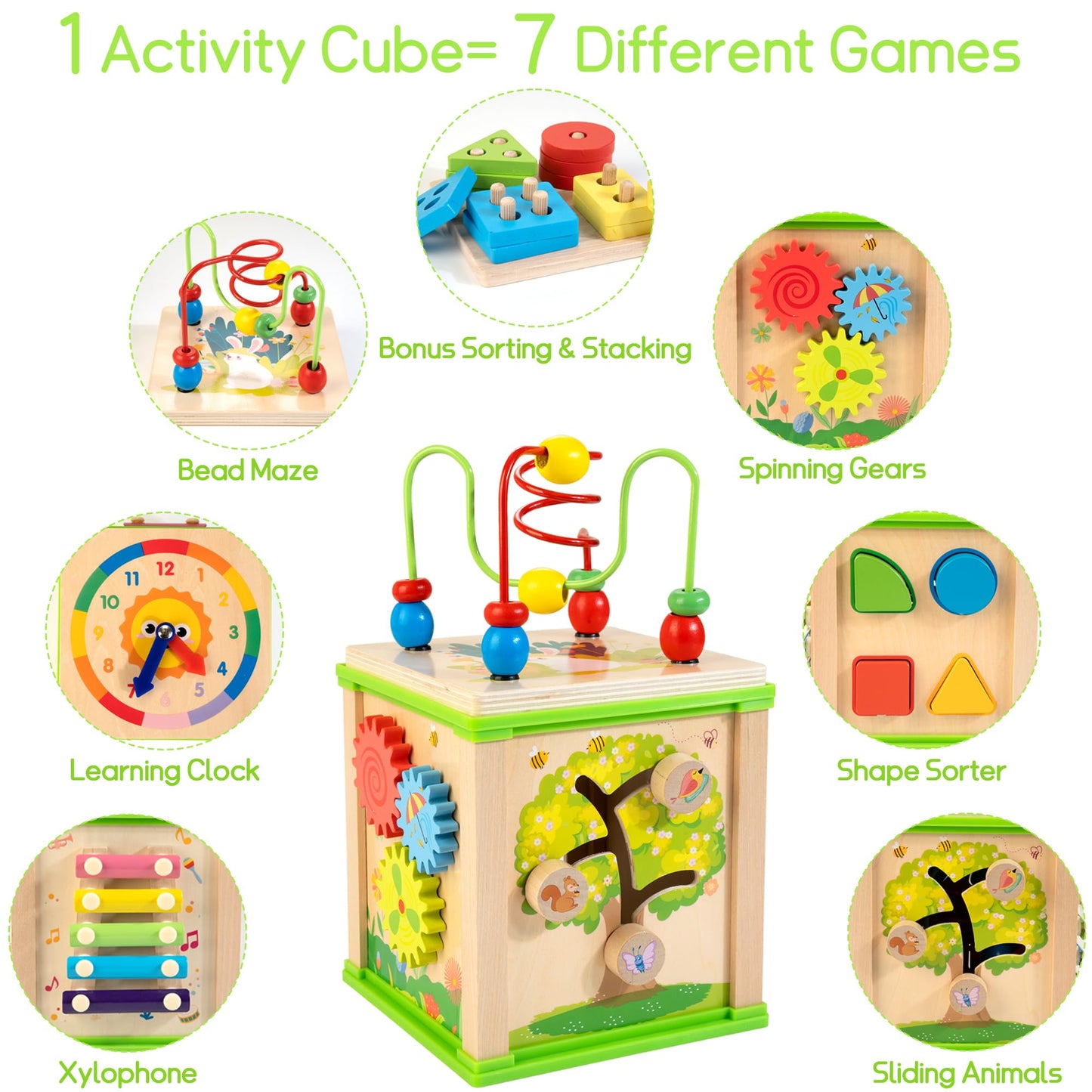 WOODMAM Wooden 7-in-1 Activity Cube| Montessori Toys for 1 Year Old Toddlers| Baby Educational Developmental Toys |One Year Old Boys Girls First Birthday Gifts |Bonus Sorting & Stacking Board