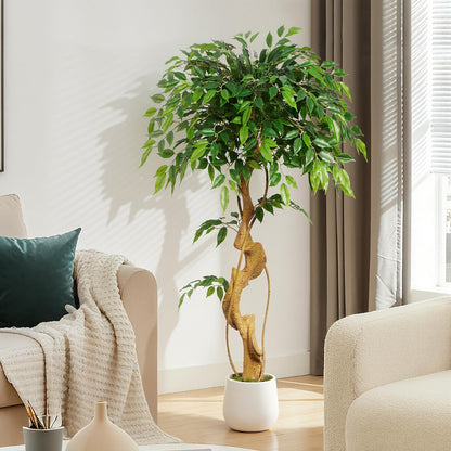 Keeplush 4ft Large Ficus Artificial Trees in White Pot, 48" Tall Fake Silk Tree with Natural Curved Trunk, Lush Faux Ficus Tree for Indoor Home Decor, Living Room, Office & Patio