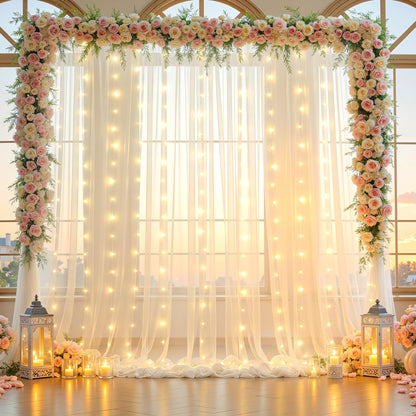 10x10ft Cream White Tulle Backdrop Curtains with Lights String for Parties,Wrinkle Free Sheer Curtain Wedding Photo Backdop Drapes for Baby Shower Birthday Party Photography Home Decorations