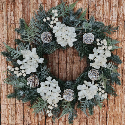 BINFEN 20” Glitter Pine Christmas Winter Wreath with Metallic Silk Hydrangea Pinecone & White Berry – Mixed with Norfolk Cypress Cedar & Spruce, Wreaths for Front Door Porch Mantel & Fireplace Decor