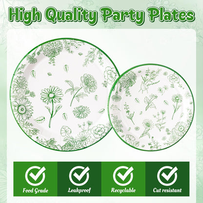 G1ngtar 96Pcs Sage Green Floral Party Plates Supplies Green Toile Chinoiserie Flower Tableware Decorations Disposable Paper Plates Napkins Forks for Birthday Spring Summer Party Wedding, Serves 24