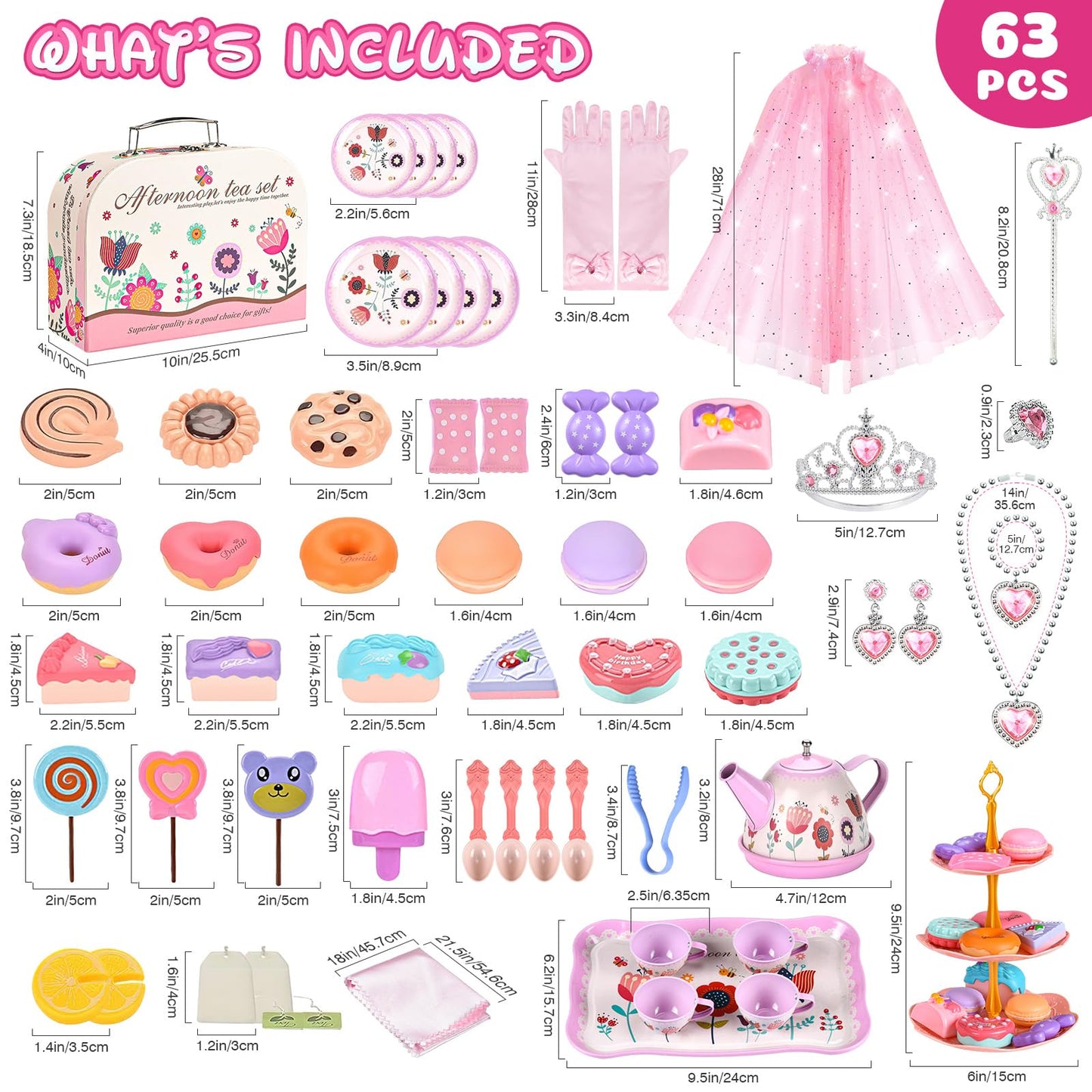 Tea Party Set for Little Girls, 63Pcs Pretend Play Toys, Princess Dress Up Tea Time, Tin Tea Sets for Toddlers 3-5 6 with Dessert, Carrying Case, Kids Kitchen Playset, Birthday Gift for Toddler Girls