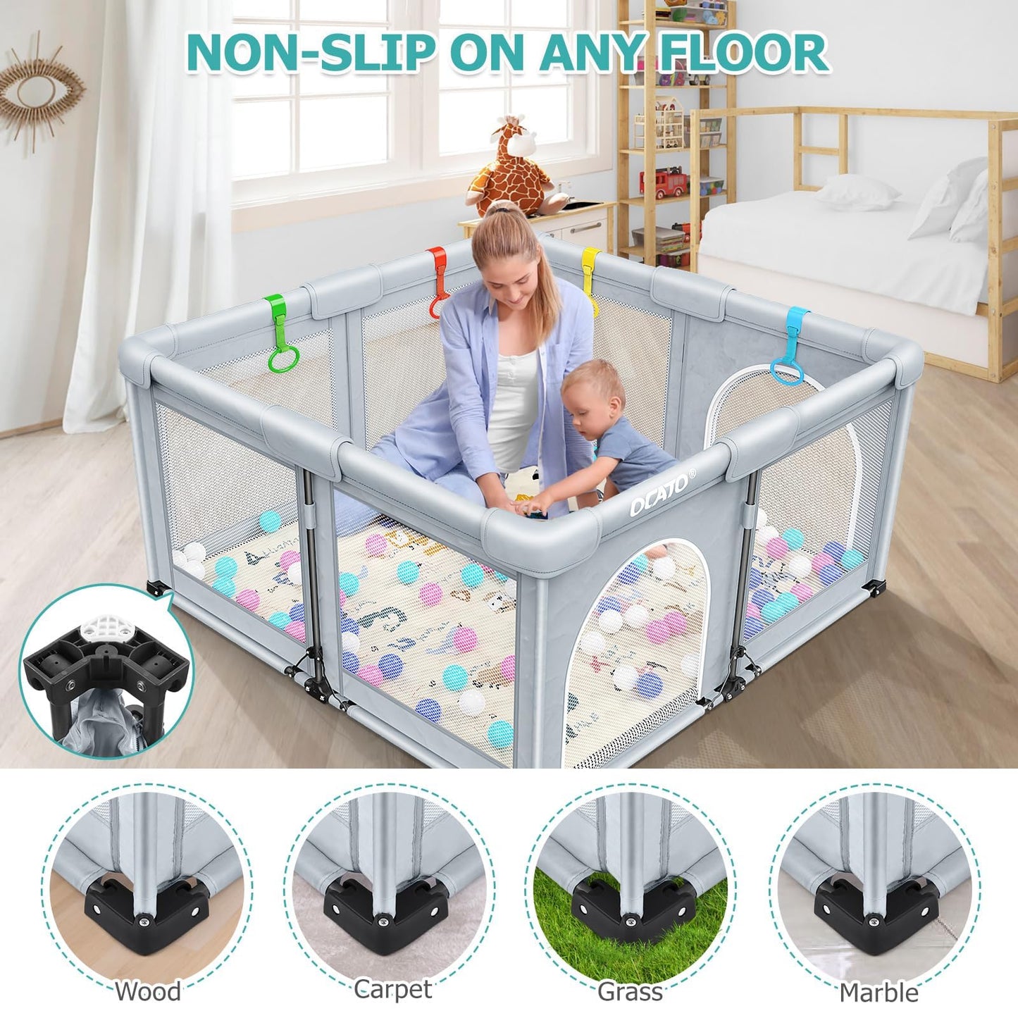 OCATO Baby Playpen with Mat: Foldable Playpen for Babies and Toddlers Play Pen Portable Playpens Fence Indoor Outdoor Kids Safety Area Play Yard with 50x50 Playpens Mat 4 Handlers 50 Balls (50" × 50")