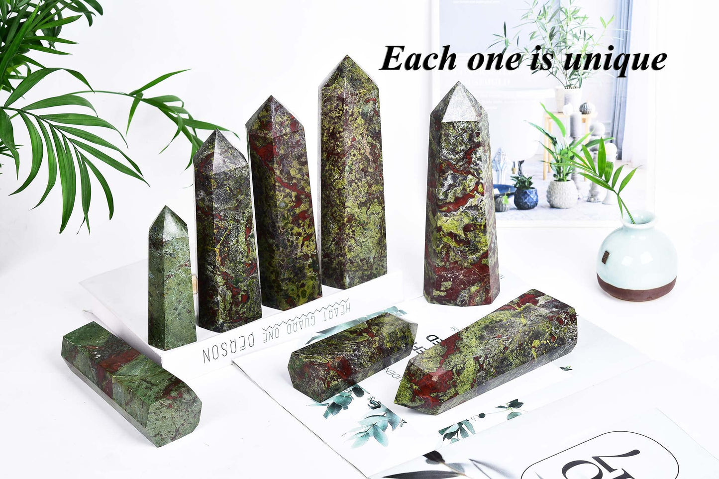 AMOYSTONE Bloodstone Obelisk Large Healing Crystal Wand Tower 6 Faceted Column Reiki Chakra Meditation Therapy Green Red 0.6-1.1 LBS