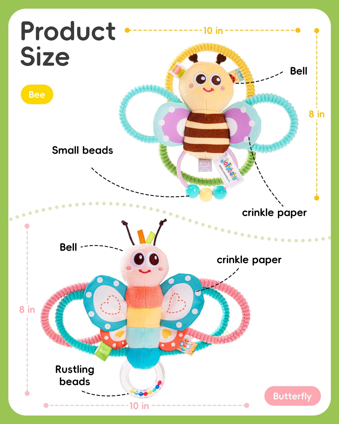 Jollybaby Soft Baby Rattles & Plush Rings Toy for Newborn 0-3-6-12 Months, Sensory Developmental Hand Teether Toys for Infant 0-2-4-7-8-9 Months, Baby Shower & Birthday Gifts - Butterfly