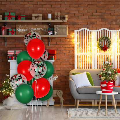 Red and Green Balloons 50 Pcs 12 Inch Christmas Latex Balloons Set Green Red Confetti Balloons with 2 rolls of ribbon for Christmas Holiday Party Decoration