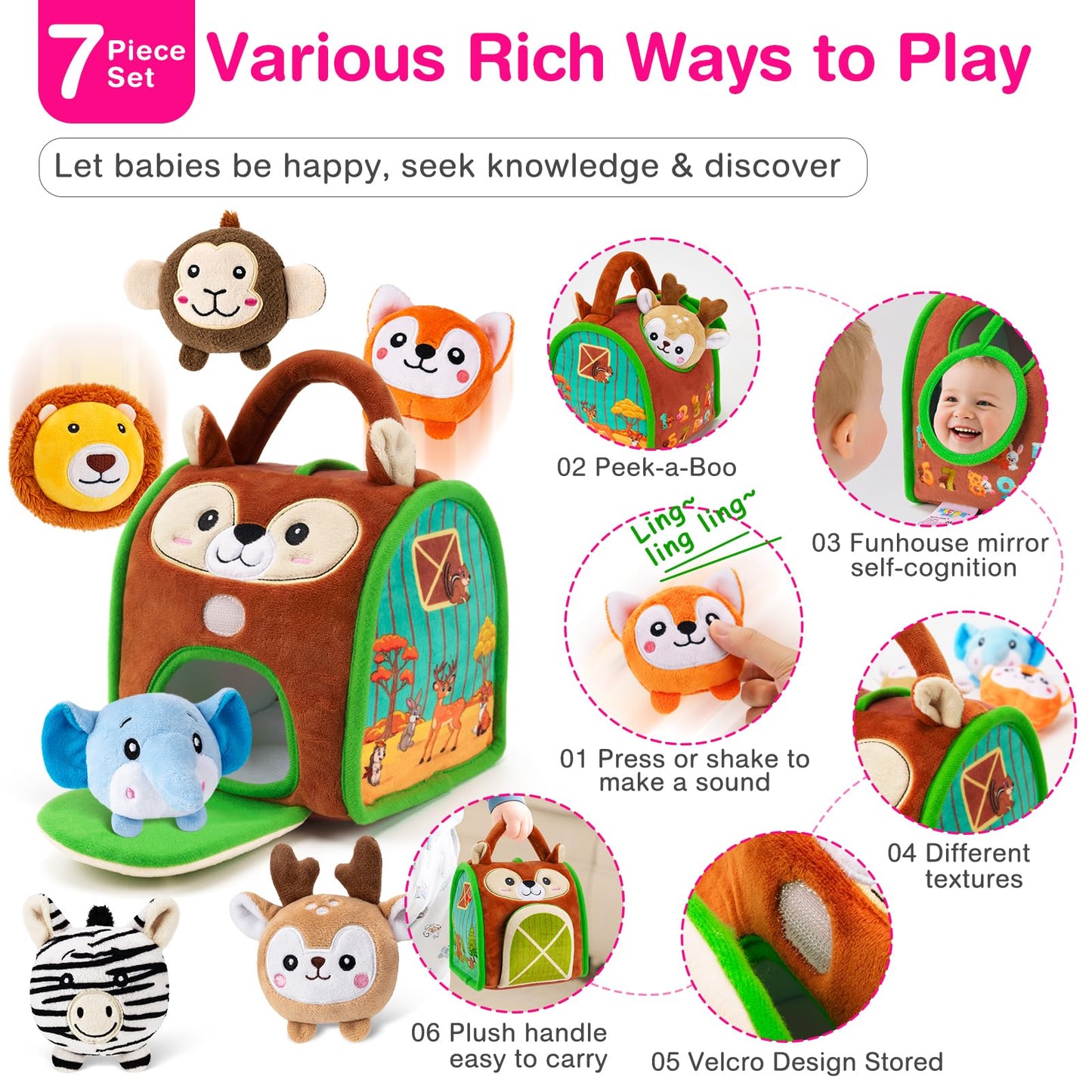 NECTAR BABY Soft Baby Sensory Toys - Squirrel Barn with 6 Stuffed Zoo Animals - Rattles, Crinkles, Squeak, Mirror - Montessori Toys for 6-12 Months Infant & 1-3 Years Toddlers Gifts & Travel Toy