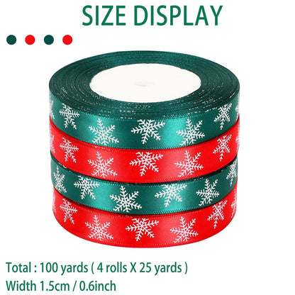 Christmas Ribbons, DECYOOL 4 Rolls 100 Yards Christmas Snowflake Ribbons for Gift Wrapping, 15mm Wide Red and Green Satin Ribbon for Festival Holiday Party Decorations DIY Crafts