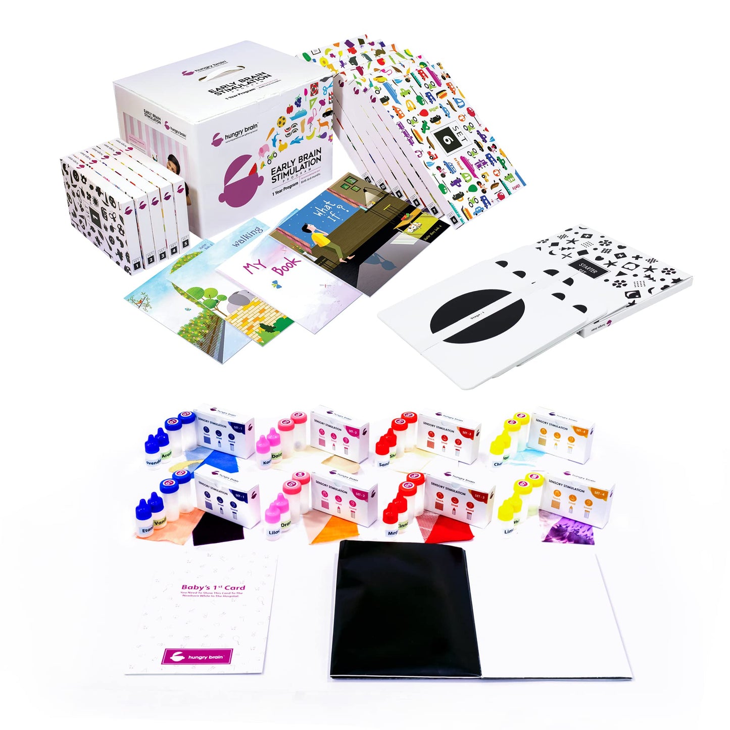Hungry Brain High Contrast Baby Flashcards – 240 Black & White Cards for Newborns (0-12 Months) – 120 Word + 128 Thinking Stimulation Cards with 4 Story Books – Infant Learning & Gift Set