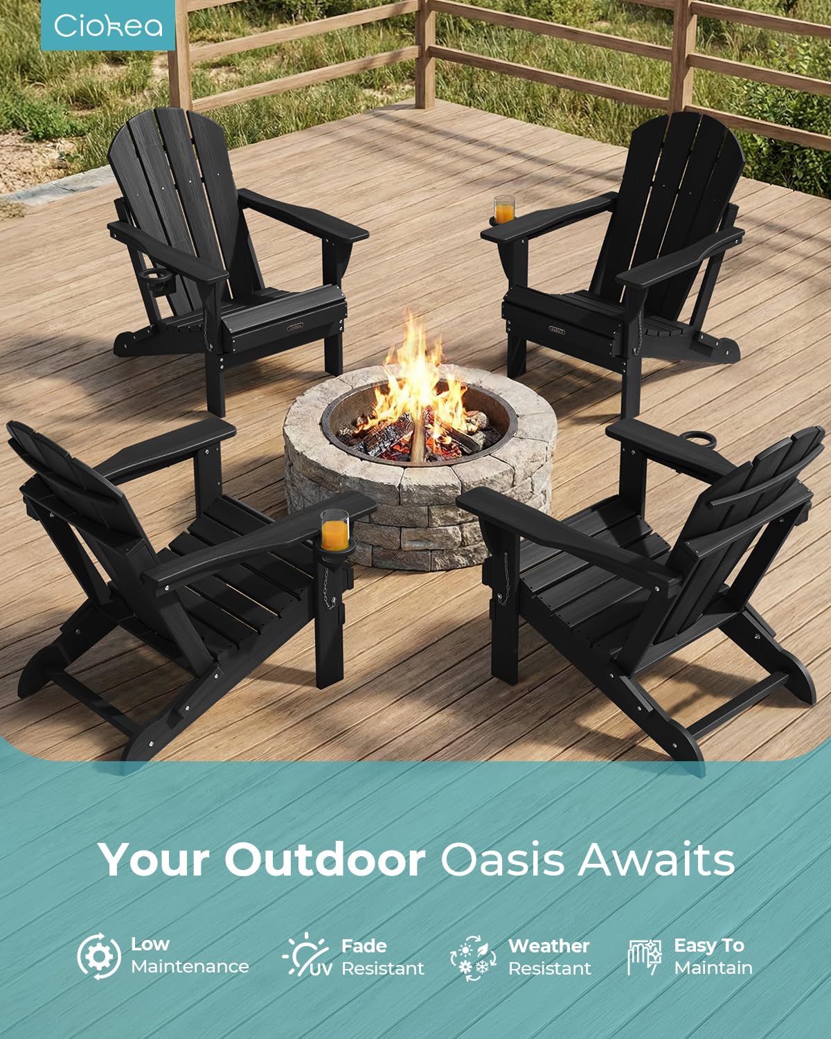 Ciokea Folding Adirondack Chair Wood Texture for Patio, Weather Resistant, Plastic Fire Pit Chair with Cup Holder, Lawn Chair for Outdoor Porch Garden Backyard Deck (Black)