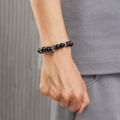 Karelian Heritage Shungite Stone Beaded Bracelet, Handmade for Men, Natural Stones and 7.3 Inch Elastic Stretch Band, Spiritual Chakra Crystal Healing Jewelry (Shungite & Wolf Charm)