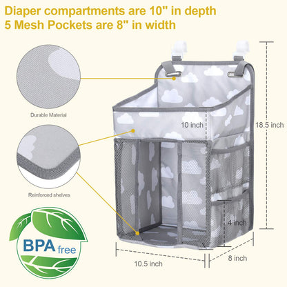 Accmor Hanging Baby Diaper Caddy Organizer, Diaper Stacker, Baby Crib Hanging Classified Storage Bag Organizer for Changing Table, Crib, Playard or Wall & Nursery Organization, Grey Cloud