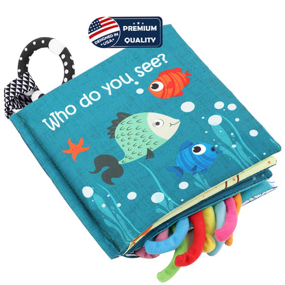 Fish Baby Books Toys, Touch Feel Cloth Crinkle Books for Babies,Baby Infant Toys 0-6, 6-12,12-18 Months,Newborn,Early Learning Education, Baby Gifts Shower for Boys Girls,Teething, Mirror,Shark Ocean