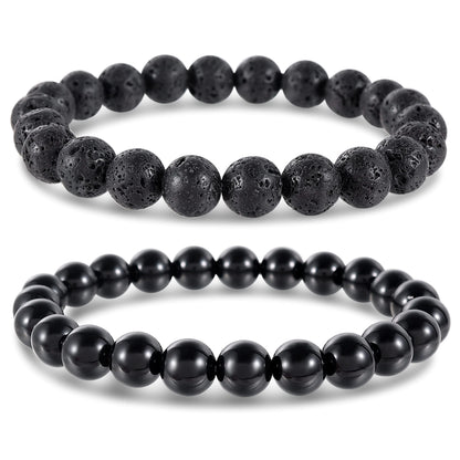 Bivei Natural Gemstone Semi Precious Crystals Handmade Stretchy Round Beads Bracelet, Enhance Positive Energy,Stocking Stuffers for Women(Lava Stone & Black Obsidian (Protection) Medium)