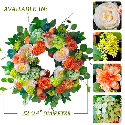 CHvista Spring Wreaths for Front Door Outside 24 Inch Luxury Summer Wreath with White Rose Flowers,Pink Dahlia & Green Hydrangeas,Lush Greenery Spring Front Door Wreath for Home,Wall,Porch Decor