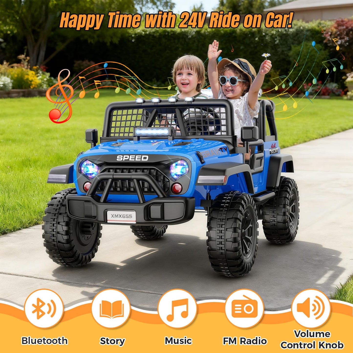 Hikole 24V 2 Seater Ride On Car for Kids with Remote Control, 4X4 400W XL Power Truck Wheels with 20" Wide Seat, Soft Start, 3 Speeds, Music, Bluetooth, 24 Volt Ride On Toys for Girls Boys 3-8, Blue