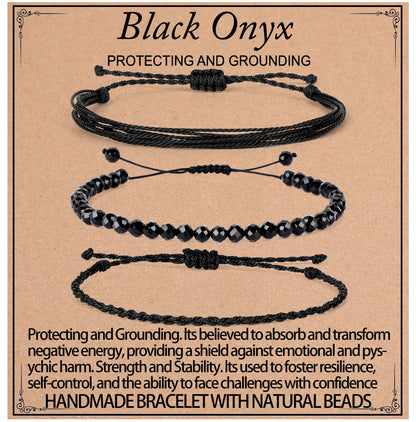 QOGIR Handmade Healing Bracelets,4mm Natural Faceted Black Onyx Gem Stone Beads Bracelet for Men Women Gifts with 2PCS Size Adjustable Rope Bracelets
