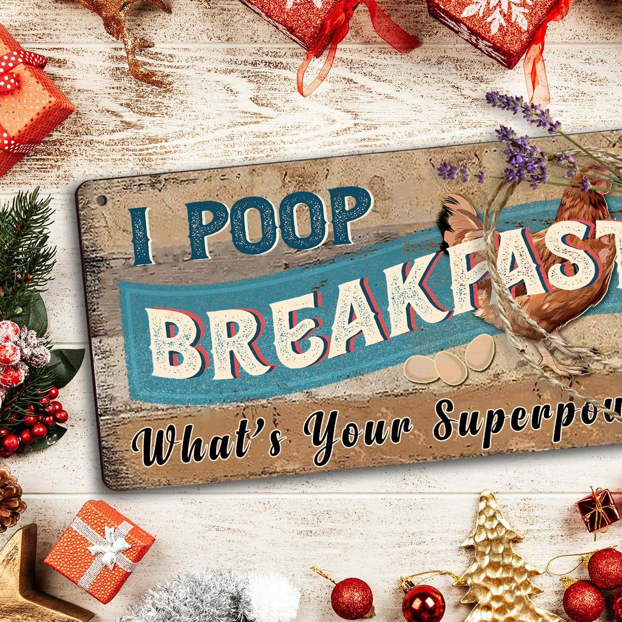 Funny Chicken Coop Signs Decor - I Poop Breakfast What's Your Superpower Sign - Outdoor Chicken Coop Decorations, Gifts for Women - Wooden Wall Art (6x12 Inch Rustic Farmhouse Kitchen Decor)