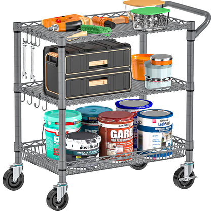 Folews Heavy Duty Rolling Cart with Wheels for Kitchen & Garage, 990LBS 3-Tier Metal Utility Cart, NSF Adjustable Shelves & Basket, Lockable Casters, Commercial Storage Trolley, Gray