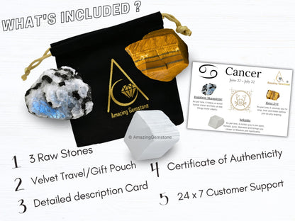 Amazing Gemstone Cancer Zodiac Healing Crystal Set, Pack of 3 Crystals Raw Stones Astrology Gifts for Women
