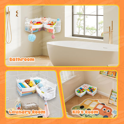 MUMUQ 3 Compartments Bath Toy Storage Corner Bath Toy Holder for Bathtub, Kids Tub Toys Organizer with Adhesive Hooks, Quick-Drying Machine-Washable Mesh Bathroom Organizer for Tidy Bathtub