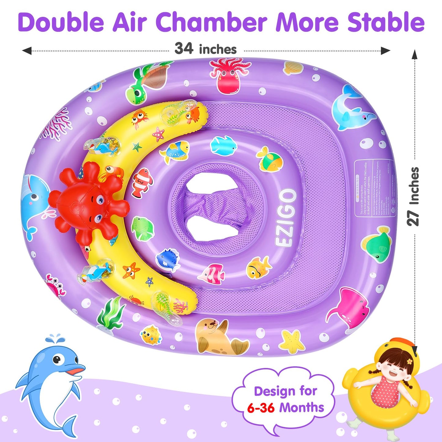 EZIGO Baby Pool Float with Canopy UPF 50+ Sun Protection, Double Air Chambers Infants Swimming Floats with Sound Toys Adjustable Safety Seat Toddler Float for Boys and Girls 6-36 Months (Purple)