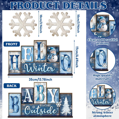 Thyle 3 Pcs Winter Wooden Table Decor Reversible Hello Winter Baby It's Cold Outside Centerpiece Blue and White Tray Decor Double Side Snowflake Blocks Sign for Farmhouse Tabletop Home Office Shelf