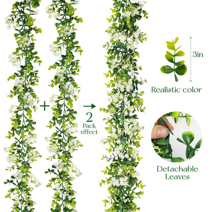 HIAGROW 6FT Eucalyptus Garland with Flowers, 2 Pack Artificial Greenery Garland Hanging Spring Eucalyptus Garland Suitable for Table Wedding Backdrop Arch Wall Party UV Protected Indoor Outdoor Decor