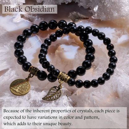 Bivei Natural Semi Precious Gemstone Beads Bracelet for Women - Life Tree and Leaf Charm Chakra Energy Anxiety Stretch Bracelets(Black Obsidian Bracelet Set)