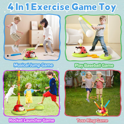 4 in 1 Musical Jump, Toss Ring Game, Baseball Toys and Stomping Launch Rocket Launcher for Kids Toys & Games with Remote, Indoor Outdoor Toys for Kids Ages 4-8 3-5 Baseball Party Favors Birthday Gift